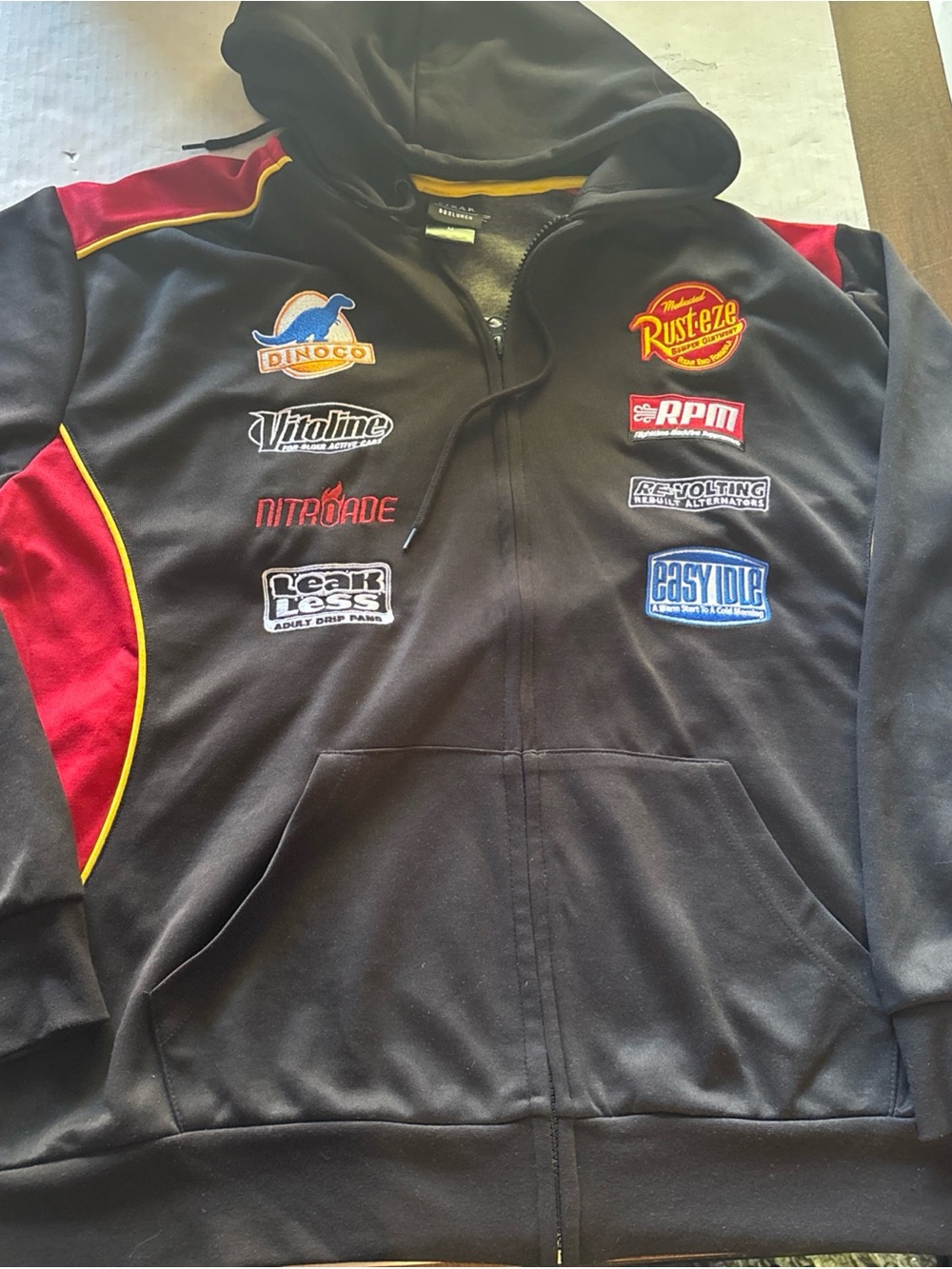 Pixar Box Lunch CARS Adult Black Performance Zip Hoodie Racing Patch Design